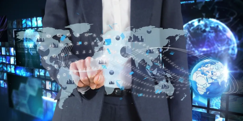 hombre tocando mapa realidad virtual